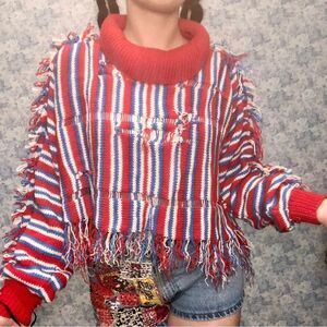 L Vintage Turtleneck Sweater Rework Fringe Distressed Crop Apocalyptic Striped